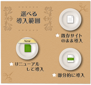 選べる導入範囲　既存サイトのまま導入、リニューアルして導入、部分的に導入