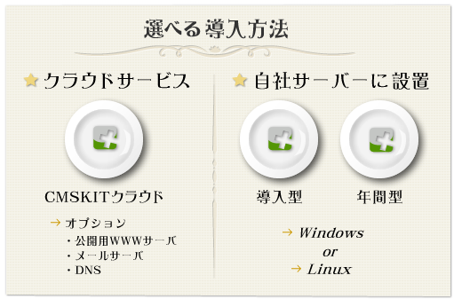 選べる導入方法　クラウドサービス（CMSKITクラウド）、自社サーバーに設置（導入型・年間型）